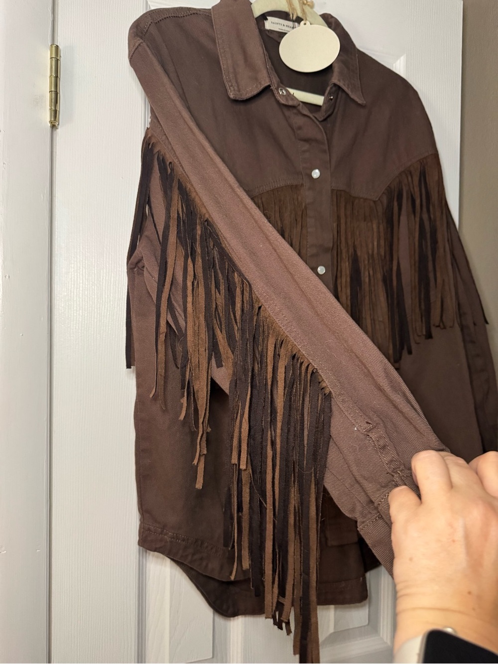 Saints & Hearts Cotton & Faux Suede Fringe Jacket Snap Front Festival Size L - Picture 3 of 11